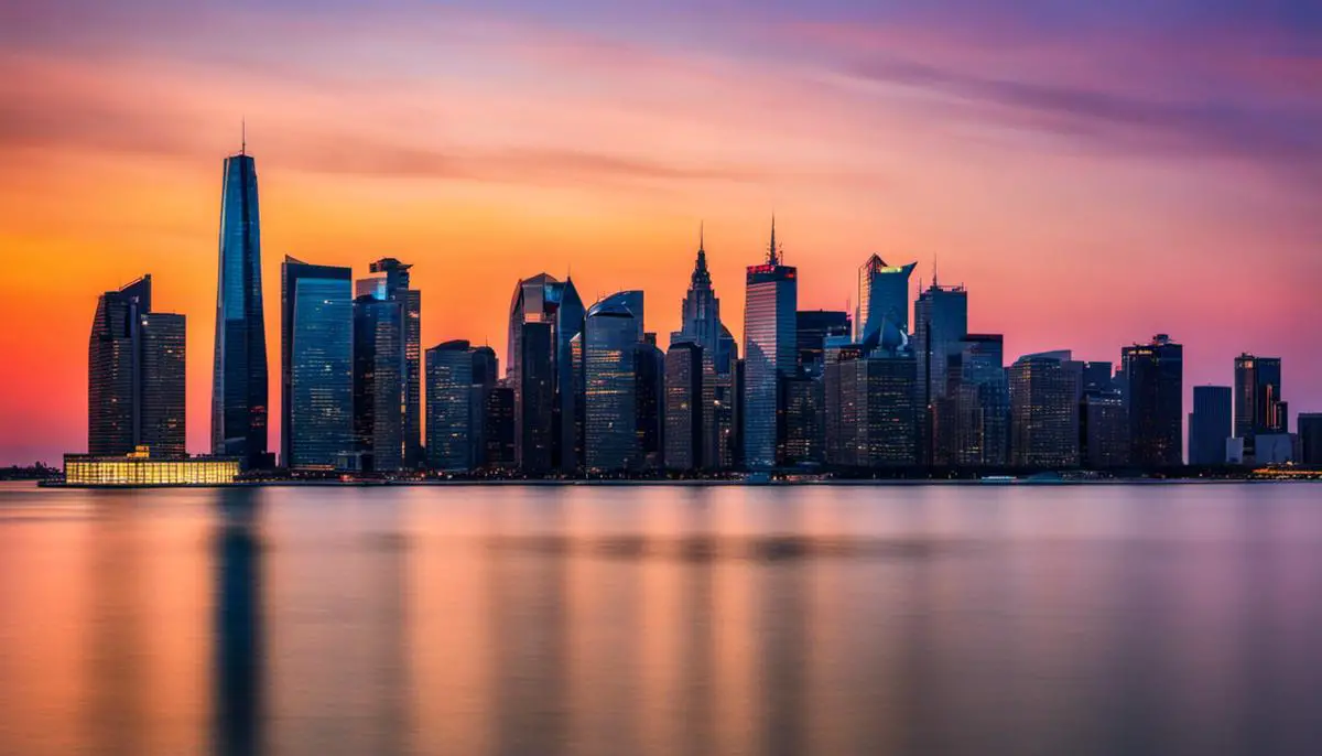 A photo of a city skyline at sunset with vibrant colors and well-defined architectural structures.